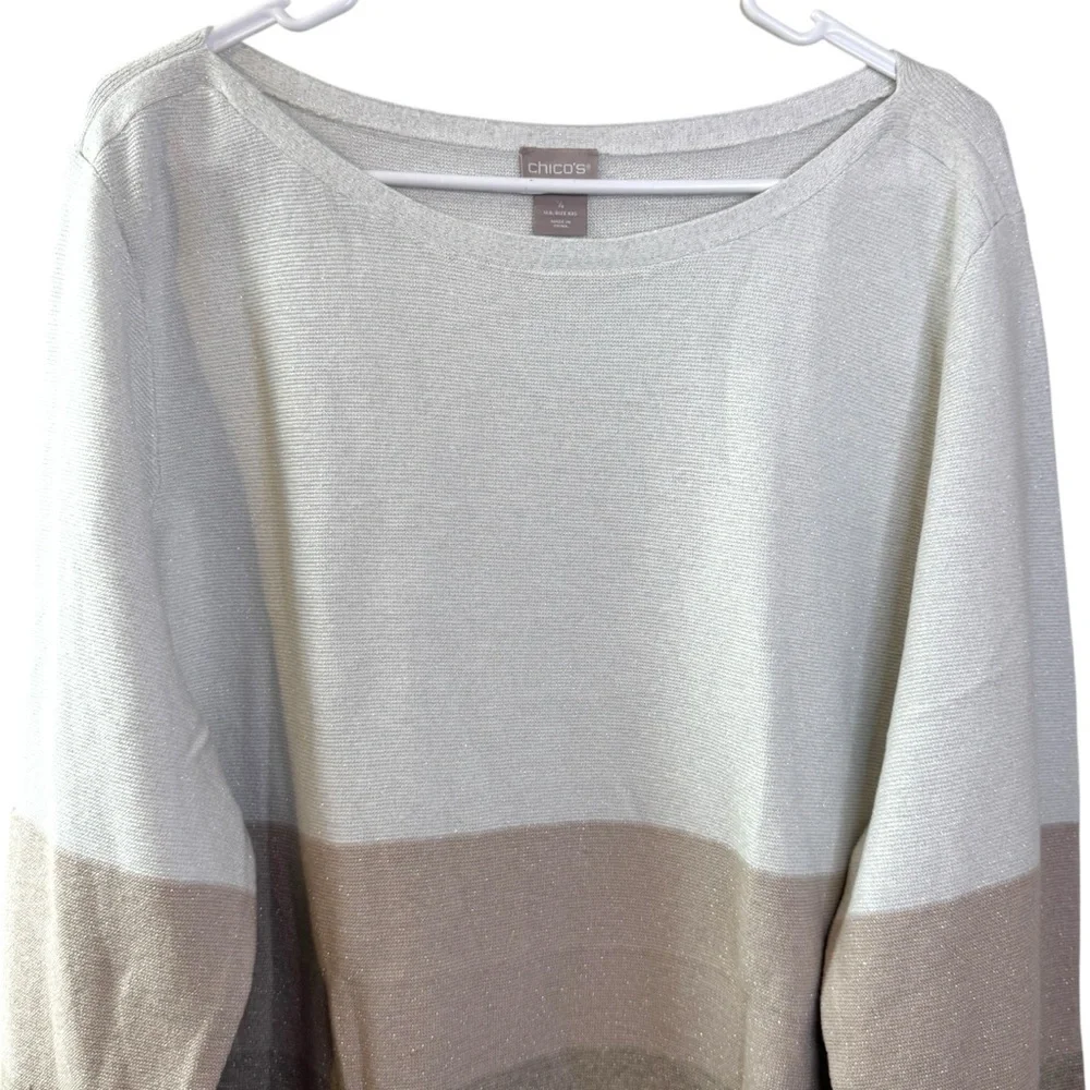 NWT Chicos Metallic Stripe Pullover Sweater neutral long sleeve top Womens XXL - Picture 2 of 13